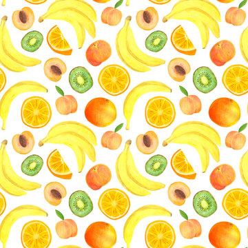 Watercolor tropical fruits seamless pattern. Hand drawn banana, kiwi slice, peach, orange isolated on white background for food package design, textile, print, cover, wrapping, cards.