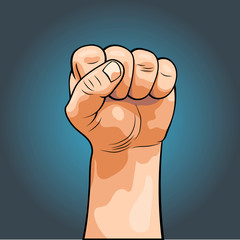 Hand clenched into a fist. Fist in a realistic style. Pop art style, comics. Isolated image. Vector illustration.