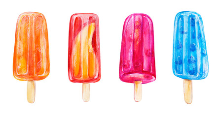 Set of four colorful ice creams from frozen fruit and berry juice. Watercolor painting. Food background. Hand drawn sweets illustration. Summer cold desserts. Painted backdrop. Sketch drawings.