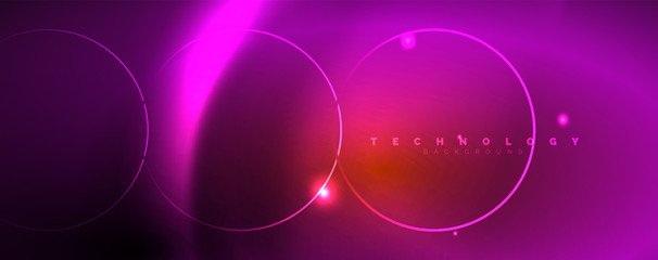 Bright neon circles and wave lines, glowing shiny background design template, digital techno concept.