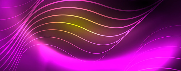 Bright neon circles and wave lines, glowing shiny background design template, digital techno concept.