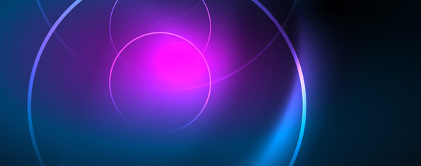 Trendy neon blue abstract design with waves and circles. Neon light glowing effect. Abstract digital background.