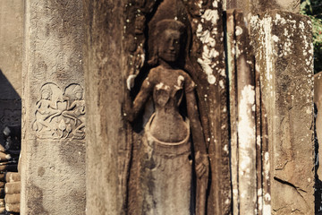Ancient Khmer carving bas-relief. Wall of Bayon Temple, Angkor Thom, Siem Reap, Cambodia
