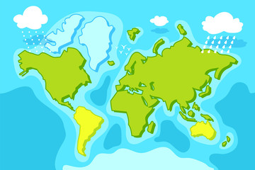 Green blue world map vector illustration. Cartoon planet map with continent, sea, cloud. Blue green natural landscape