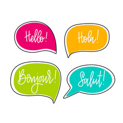 Hello speech bubbles vector lettering. English, French and Spanish. Motivational inspirational quote. T-shirt, wall poster, mug print