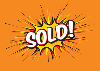 Color comic speech bubble and banner with text SOLD. Vector Illustration.