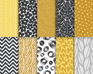 Monstera, roses, leaves, geometric seamless pattern set. Organic simple background collection. Vector illustration