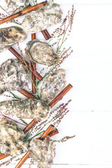 Vertical spa banner. Oyster shells, sea pebbles, dry bamboo, young sprouts on a wooden white background.