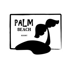 Tropical island black silhouette with text in frame. Palm beach resort vector logo on white background. Summer vacation escape logo