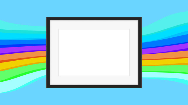 rectangle frame empty on colorful rainbow background, picture frames on colorful fashionable, blank frames decoration with rainbow colorful art backdrop, wooden frame modern, photo frame wood on wall
