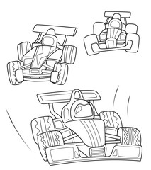Race cars coloring page, black line vector illustration on white background. Speed car line art. Formula 1 racing