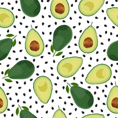 Behang Avocado Avocado naadloos patroon geheel en gesneden op witte achtergrond, fruit vectorillustratie