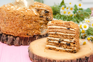 Honey cake with prunes. Piece of cake. Homemade cake with flower background.