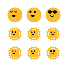 Sun Summer emoji. set of funny icons.