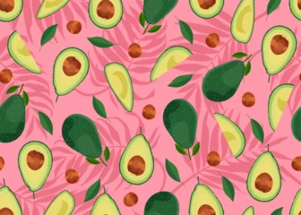Avocado seamless pattern whole and sliced on pink palm leaves background. Summer background. Fruits vector illustration