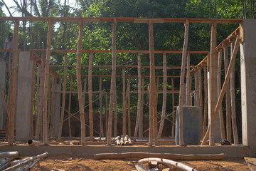 Construction of a new home in Asia or Japan. The material is bamboo and wood. Stock photo