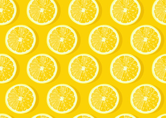 Zitronenfrüchte schneiden nahtloses Muster auf gelbem Hintergrund mit Schatten. Zitrusfrüchte-Vektor-Illustration.