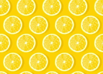Deurstickers Citroen Citroenvruchten snijden naadloos patroon op gele achtergrond met schaduw. Citrusvruchten vectorillustratie.