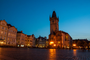 Fototapeta premium Night view of Prague castle and Charles Bridge over Vltava river in Prague, Czech Republic. Prague