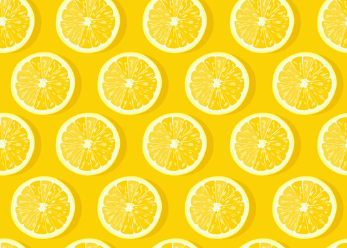 Lemon Fruits Slice Seamless Pattern On Yellow Background With Shadow. Citrus Fruits Vector Illustration.