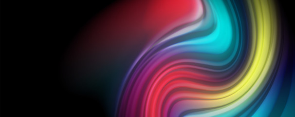 Abstract wave lines fluid rainbow style color stripes on black background. Artistic illustration for presentation, app wallpaper, banner or poster