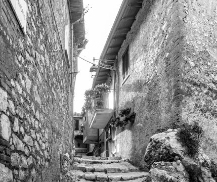 The characteristic houses of the ancient village of Artena, with stairways and narrow cobblestone and stone alleys. The balconies and the doors adorned with flowers. The old brick houses. Lazio, Italy