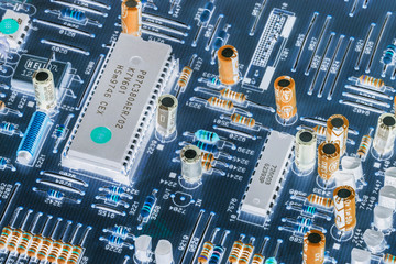 Electronic Components On Vintage Circuit Board Detail Multicolored Background