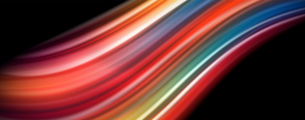 Abstract wave lines fluid rainbow style color stripes on black background. Artistic illustration for presentation, app wallpaper, banner or poster