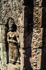 Ancient Khmer carving bas-relief. Wall of Bayon Temple, Angkor Thom, Siem Reap, Cambodia