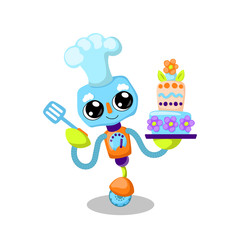 Cute robot character vector illustration on white background. Cooking cake with modern technology. Robot baker.