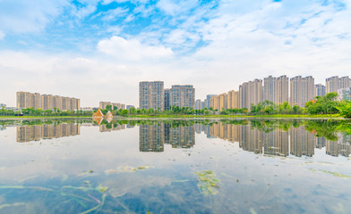 Architectural scenery around Jincheng Lake Park in Chengdu, Sichuan Province, China