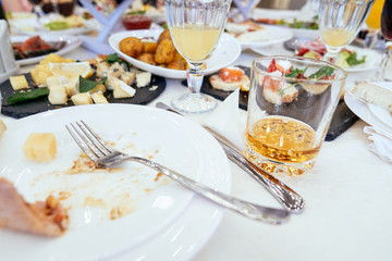 spanish tapas and sangria on wooden table, top view