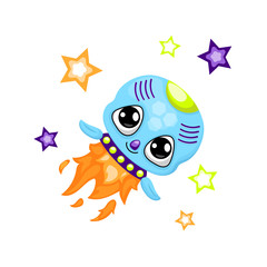 Cute rocket character vector illustration on white background. Space or universe exploration. Cosmic spaceship.