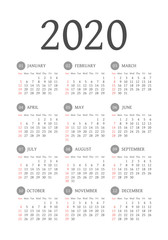 Vector calendar 2020 year. Week starts from Sunday