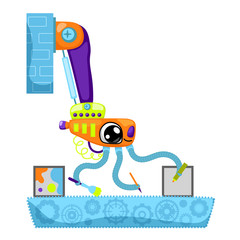 Cute robot character vector illustration on white background. Automatic machine drawing on conveyor belt.