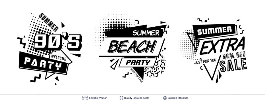 Set of summer ad text blocks in pop-art style.