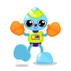Cute robot character vector illustration on white background. Robot boxer with orange boxing gloves. Cute robot icon