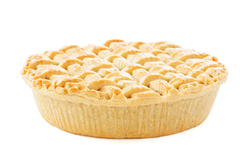 Homemade apple pie with lattice top on white background.