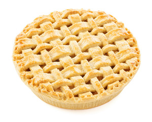 Homemade apple pie with lattice top on white background.