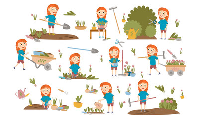 Set redhead girl with pigtails gardening plants, weed beds, watering seedlings, pruning bushes and trees, working in the garden. People and garden tools. Vector illustration