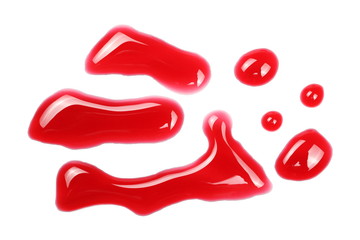 Spilled red wine puddle isolated on white background, top view