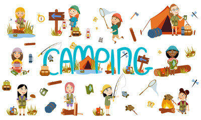 Set different girls tourist on nature. Camping. Phishing, overnight in tent, picking mushrooms, fun and relaxation. Children's camp. Scouts. Cute Vector Illustration