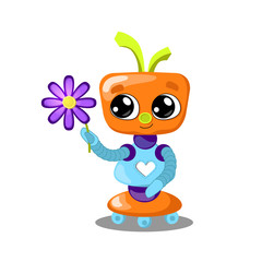 Cute robot with flower vector illustration on white background. Robot with heart in love. Feminine robot girl.