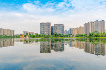 Fototapeta premium Architectural scenery around Jincheng Lake Park in Chengdu, Sichuan Province, China