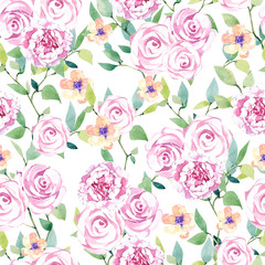 watercolor summer  seamless pattern with flowers and branches. Flat Graphic florals. Mid and Large scale blooms. Grenery watercolor for the textile fabric and wallpaper