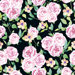 watercolor summer  seamless pattern with flowers and branches. Flat Graphic florals. Mid and Large scale blooms. Grenery watercolor for the textile fabric and wallpaper on dark background