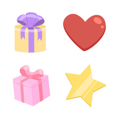 Heart and gold star, gift boxes or presents isolated vector objects. Festive wrapping with bow, love symbol and celestial body, holiday decorations