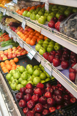 Fototapeta na wymiar Supermarket in East Asia. Fruit on the counter of the store in Sri Lanka and India. Vegetarian green theme