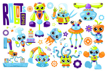Cute robot characters colorful vector set on white background. Smiling robot worker and transport. Artificial intelligence