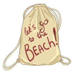 Vector Cartoon Beige Drawstring Bag. Textile Backpack with Text - Let's go to the Beach